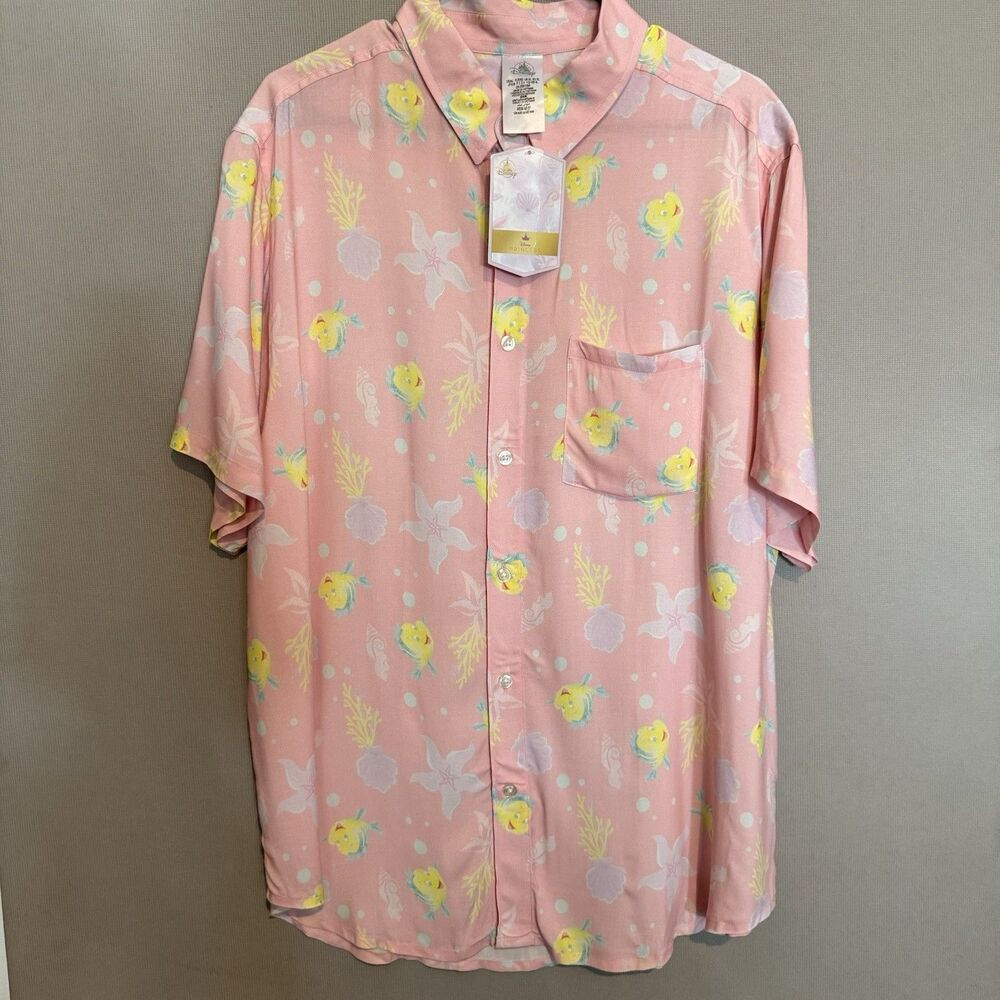 Disney The Little Mermaid Shirt Extra Large Button Down Pink Rare Flounder Camp